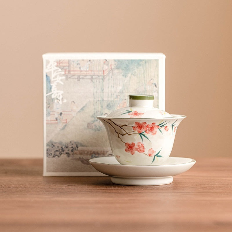 Hand Painted Peach Blossom Sancai Gaiwan Tea Cup