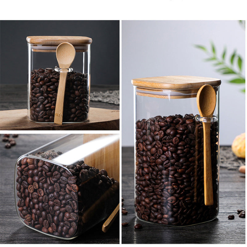 Square Glass Sealed Storage Jar With Wooden Spoon Seasoning