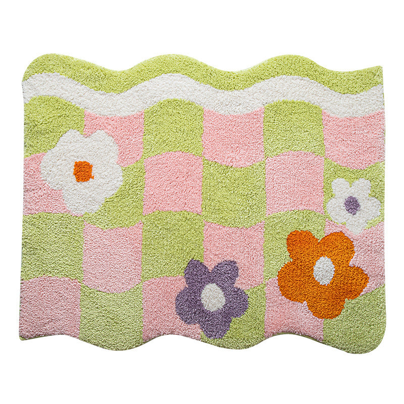Wave Plaid Small Flower Tufted Carpet Non-slip Bathroom Step Mat Flocking Bedside Blanket