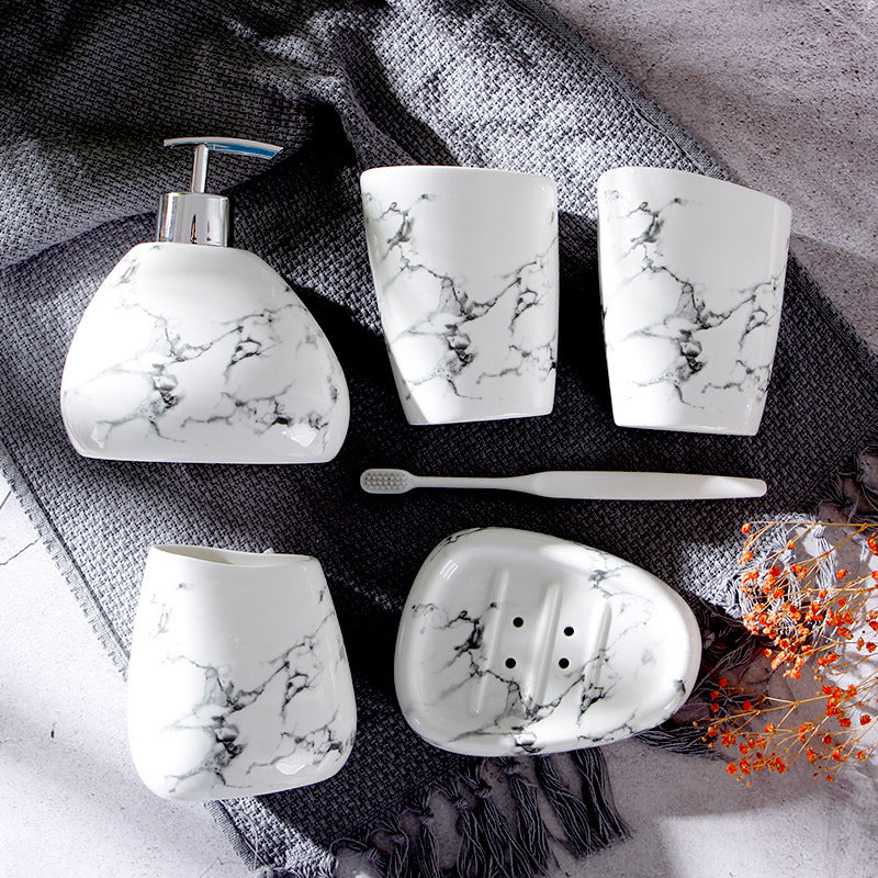 Marble Texture Ceramic Mouthwash Cup Bathroom Set