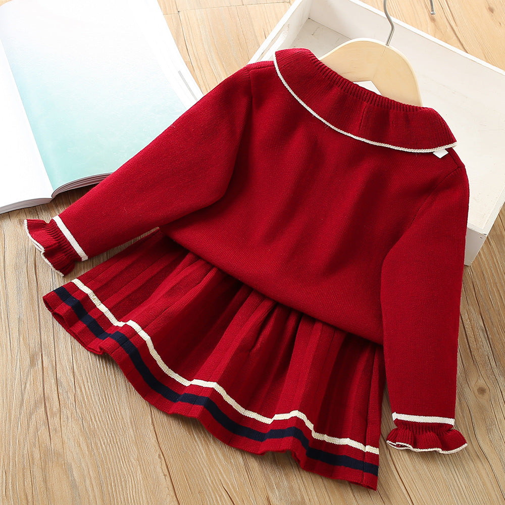 Children's Suit Korean Style Solid Color Knitted Cardigan Two-piece Suit Skirt