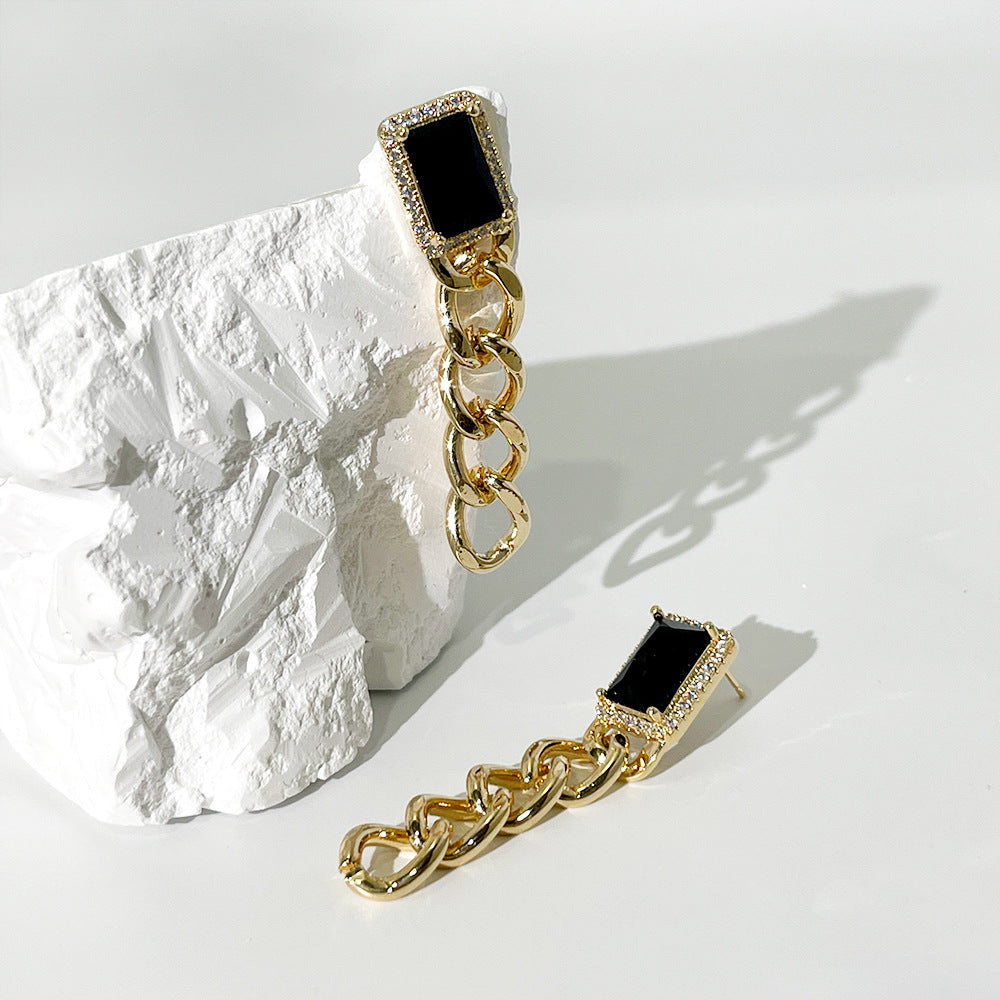 Long Vintage Simple Exaggerated Gemstone Chain Earrings