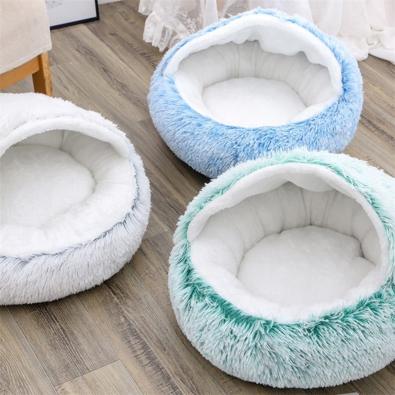 Lit rond semi-fermé en peluche à double usage pour animaux, demi-pack, sommeil profond