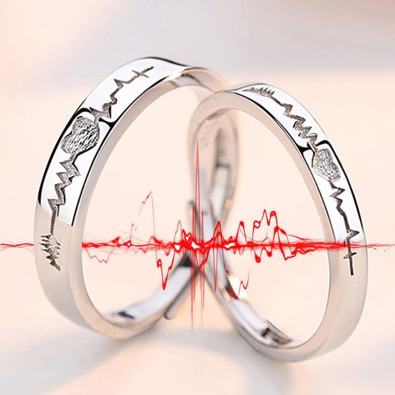 Bague de couple Battement de cœur en argent sterling pour hommes et femmes