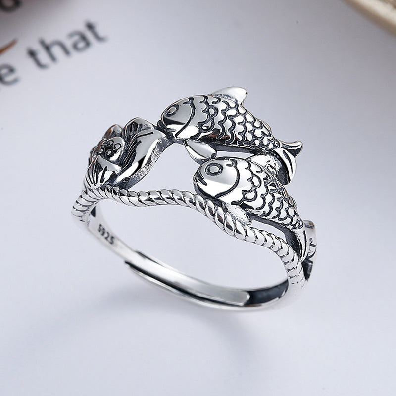Ethnic Style Lucky Koi Lotus Hollow Personality Ring Female