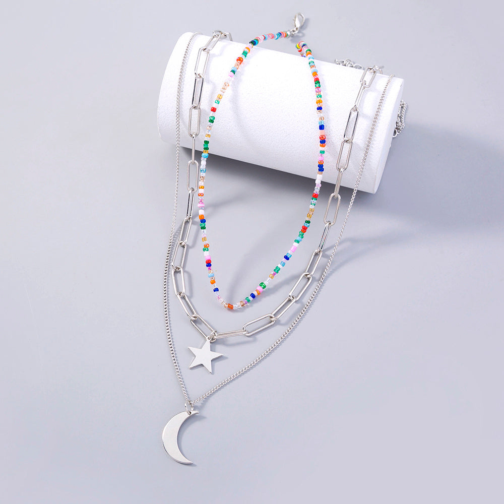 Copper Star Moon multi-layer colorful rice beads necklace
