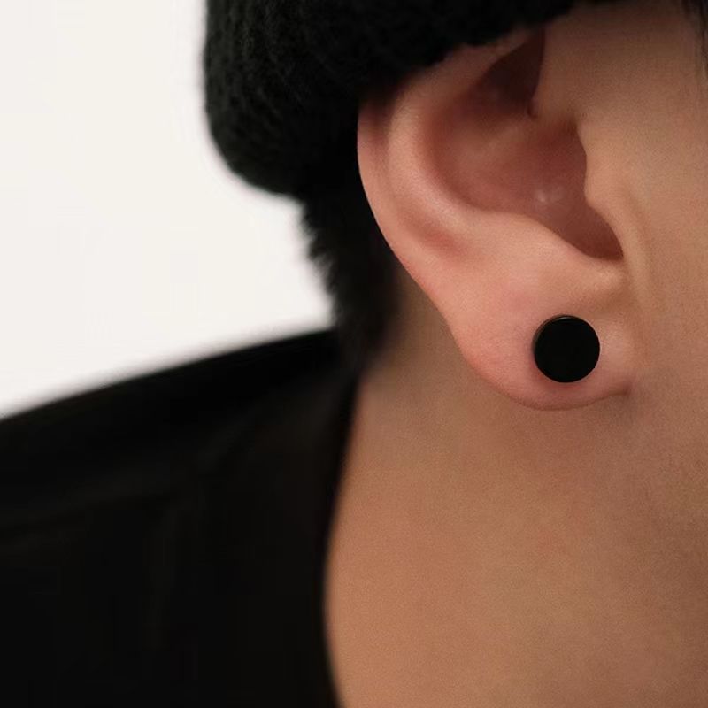 Cross-border Round Stud Earrings Glossy Black For Men