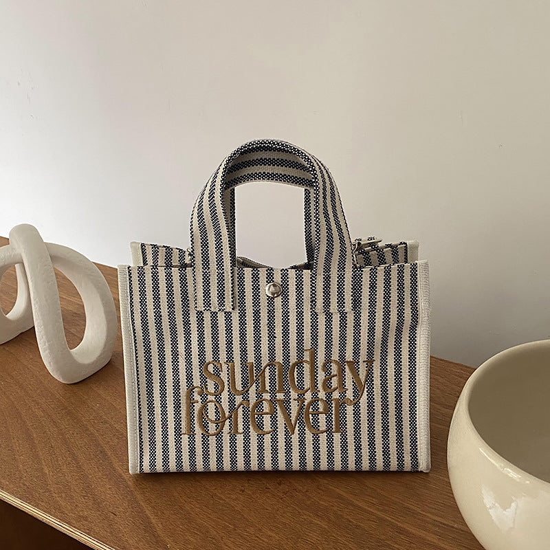 Large Capacity Tote Shoulder Bag Student Bag Striped Canvas Bag