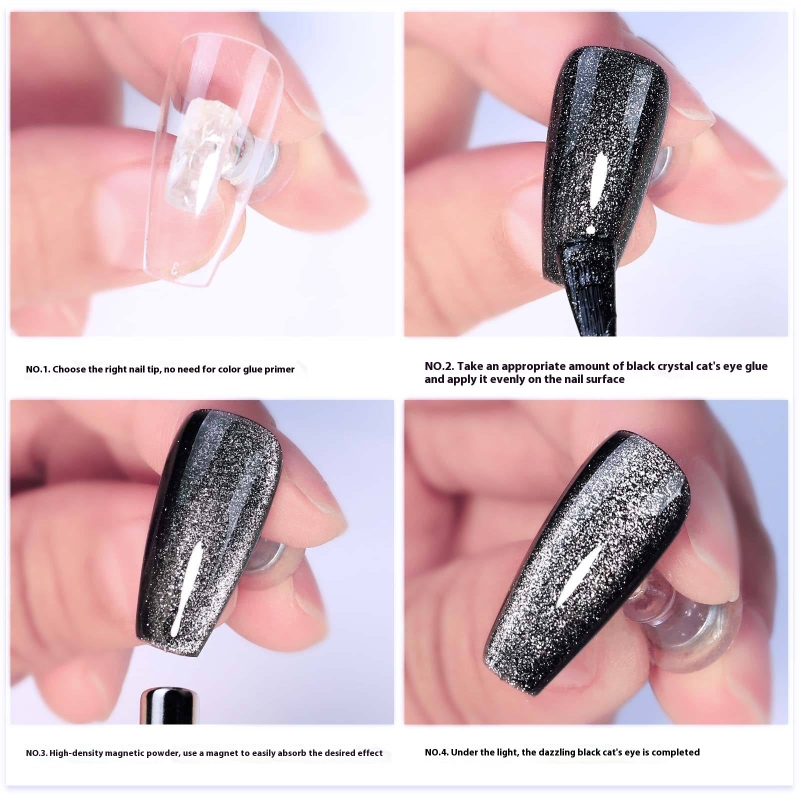 Vernis à ongles œil-de-chat noir intense, style fée sombre étincelant