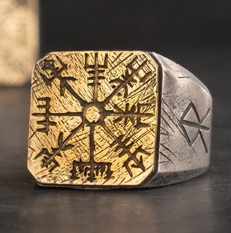 Retro Domineering Personalized Viking Compass Silver Ring
