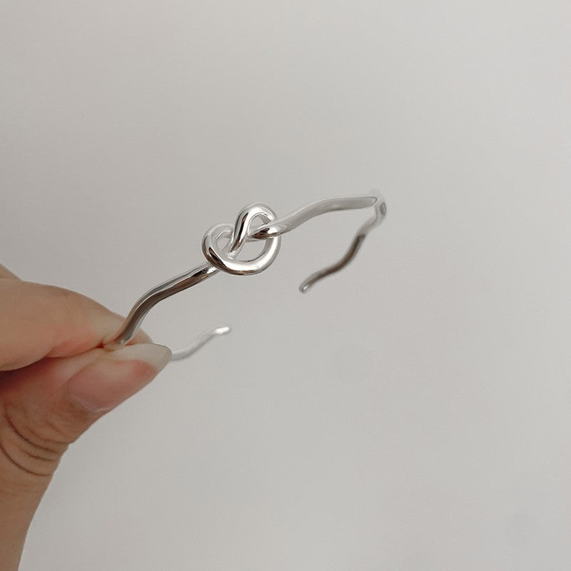 Knotted Heart-shaped Wave Open Silver Bracelet For Women