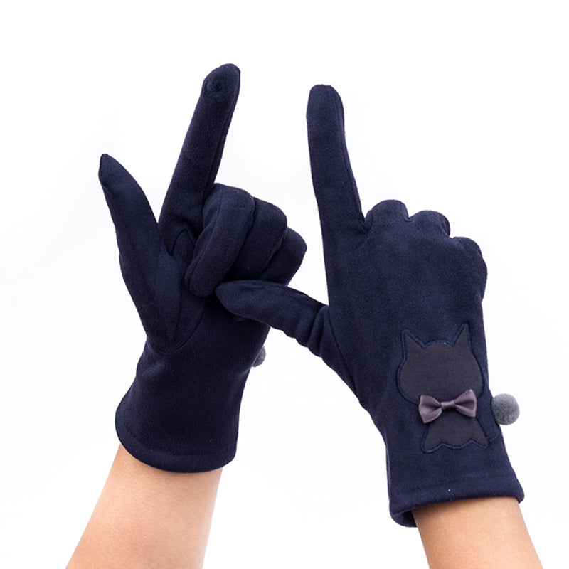 Autumn And Winter Embroidered Cat Touch Screen Gloves Suede Thickened Fleece-lined Riding Warm Gloves