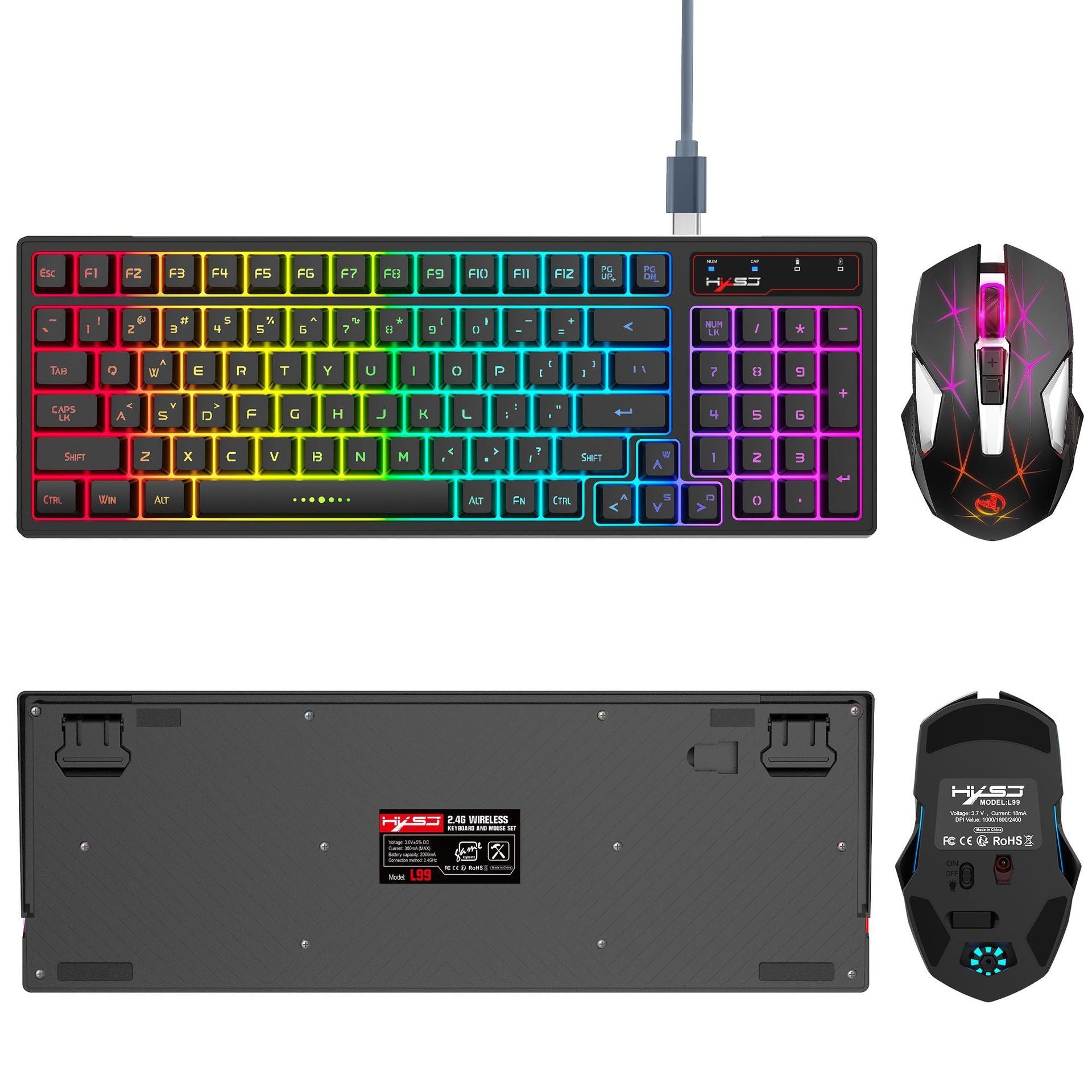 Wireless Charging 2.4G Keyboard And Mouse Set Colorful Backlight