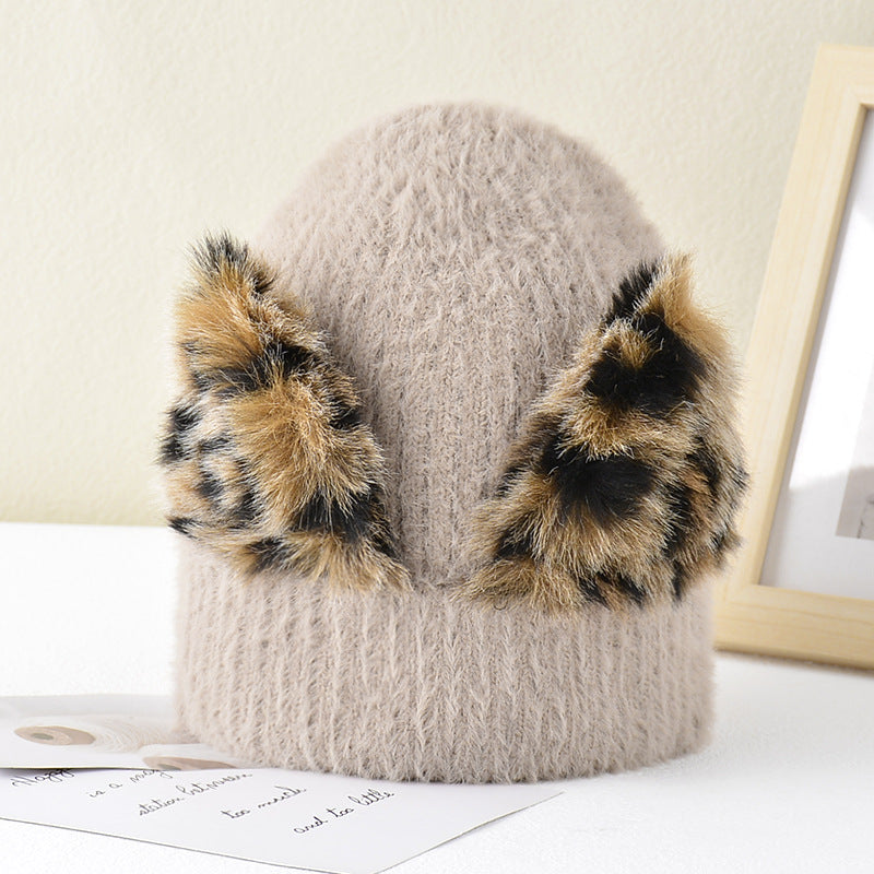 New Leopard Print Cat Ear Stretch Knitted Woolen Hat
