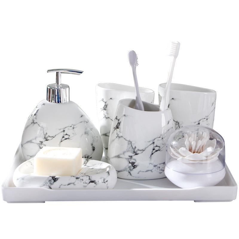 Marble Texture Ceramic Mouthwash Cup Bathroom Set