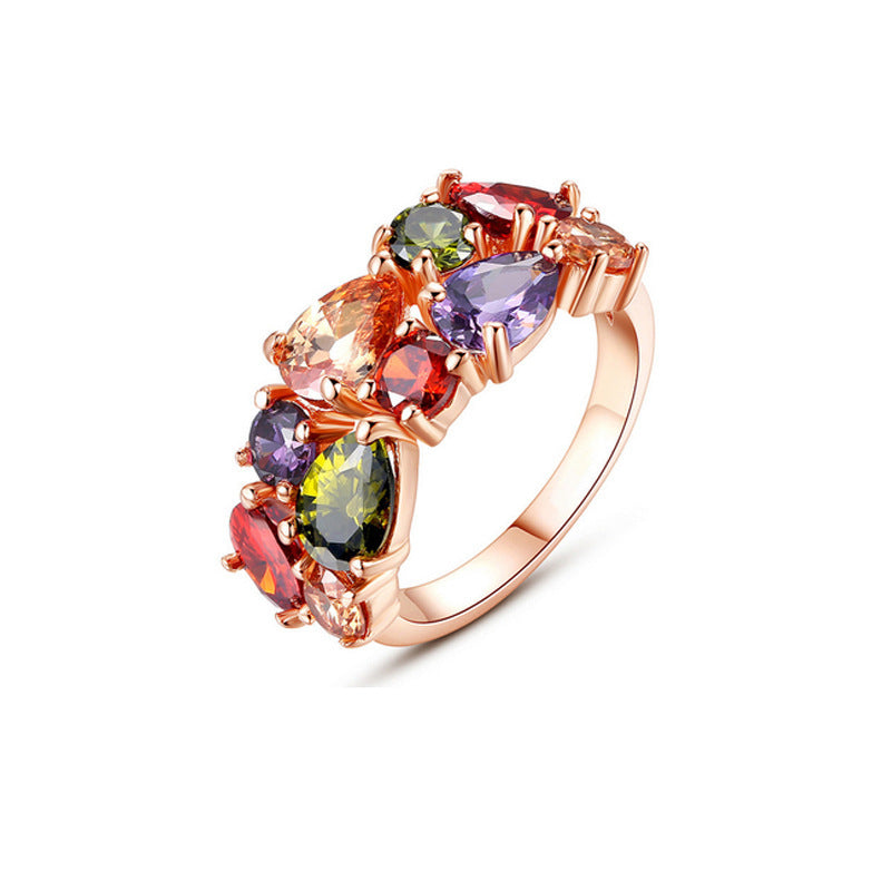 European And American Luxury Stylish Water Drop Color Zircon Ring