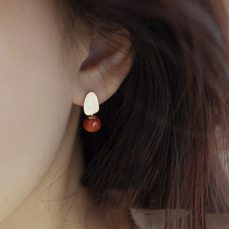 Benming Full Meat Southern Red Agate Sterling Silver Needle Earrings For Women