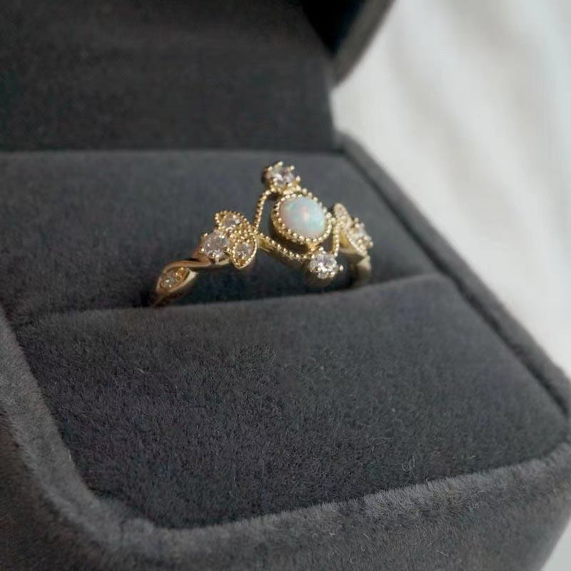 Bague Femme en Pierre Opale Naturelle Incrustée, Placage Cuivre Doré