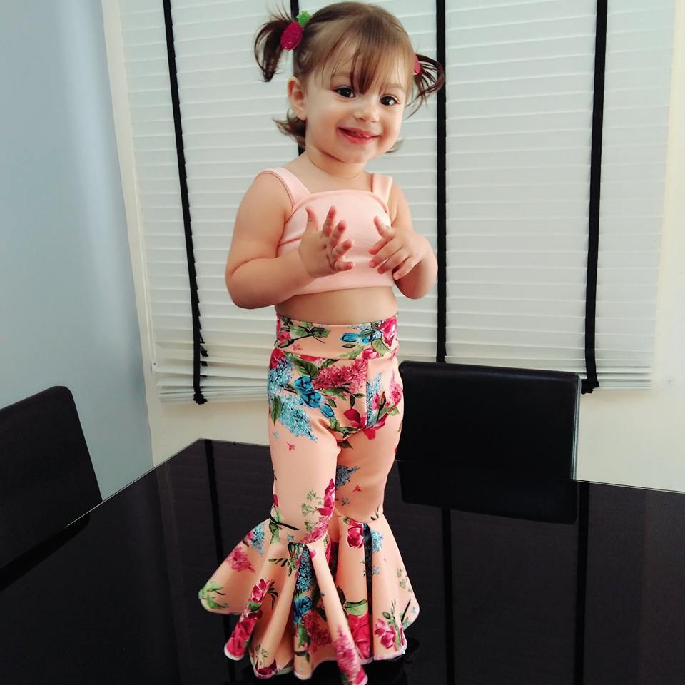 Girls' Cotton Top Printed Flared Trousers Two-Piece Set