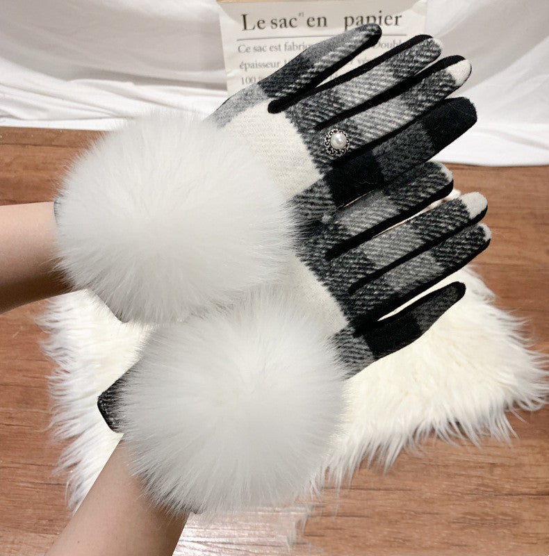Gants à doigts en laine et cachemire avec boule de fourrure de renard oversize et motif écossais asymétrique