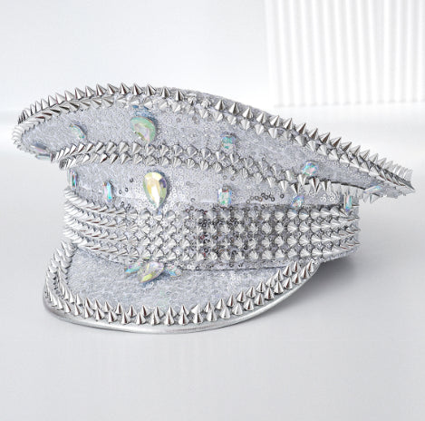 European And American Fashion Rhinestone Women's Diamond Rivets Party Ball Cross-border Export Hat Free Size Cool Punk