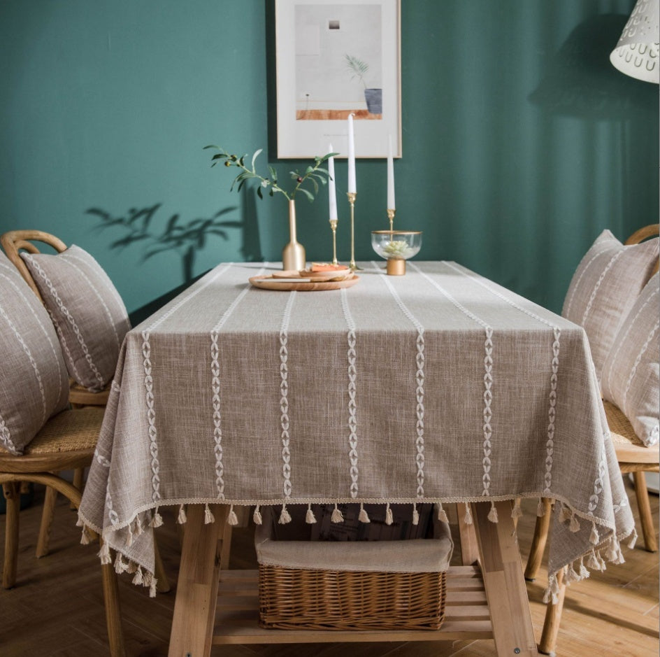 Cotton Linen Tablecloth Solid Color Hollow Striped Design Cover Cloth