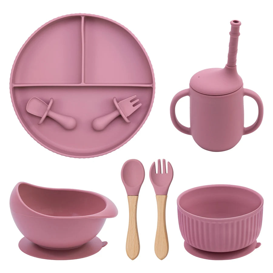 Baby Silicone Cookware Feeding Plate Bowl Set Non-Slip Suction Food Dishes Drinking Cup BPA Free Fork Spoon Children's Tableware