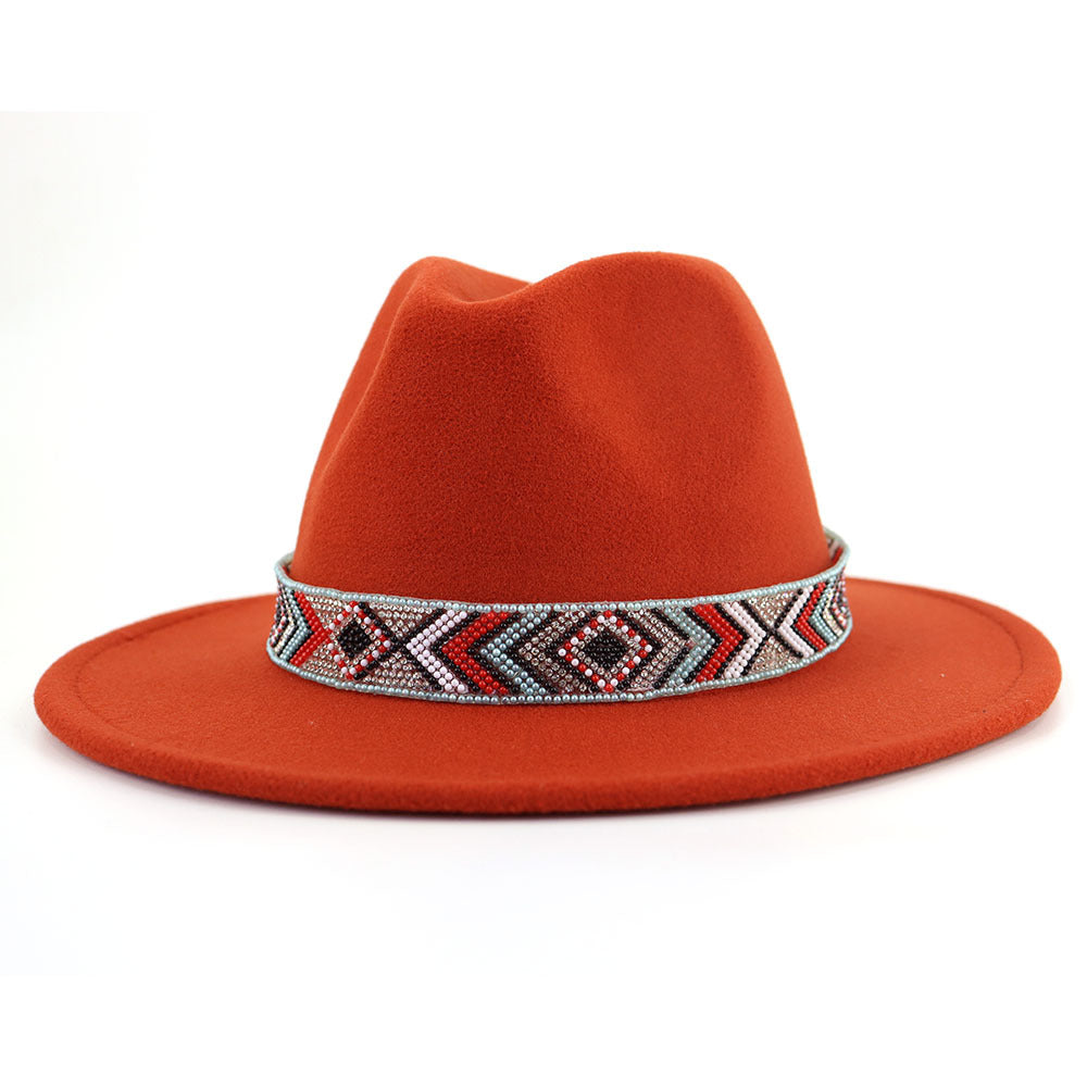 Autumn And Winter New Blue Bead Woolen Hat Fashion Panama Jazz Hat