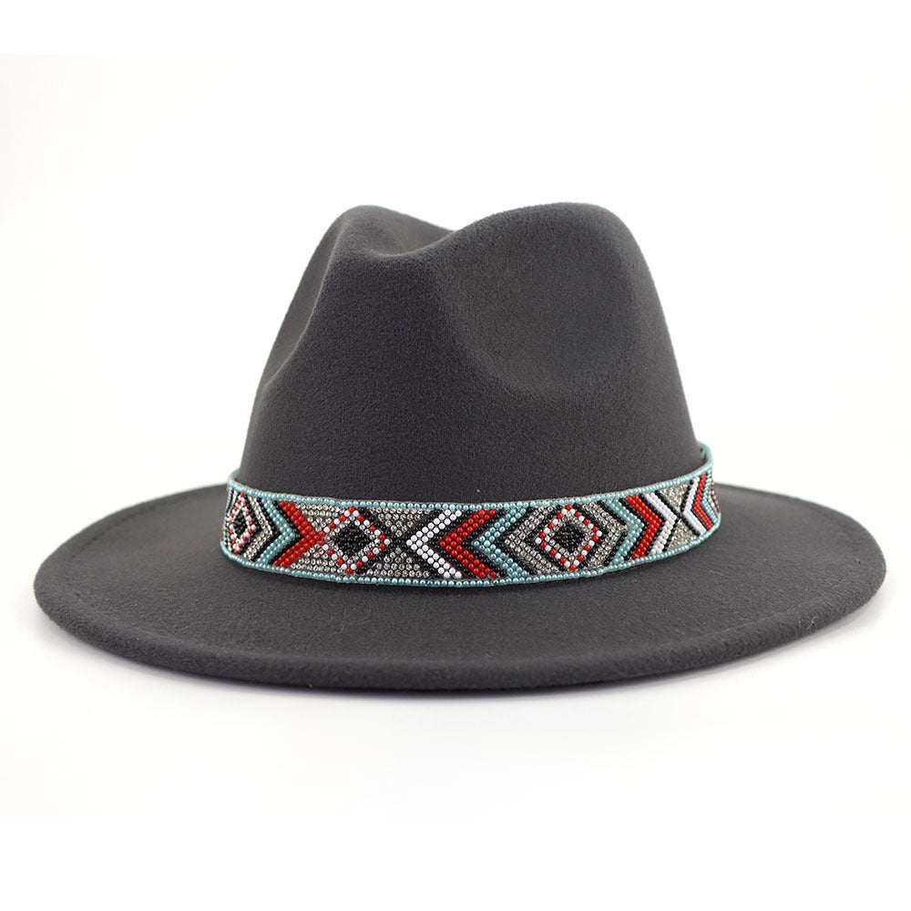 Autumn And Winter New Blue Bead Woolen Hat Fashion Panama Jazz Hat