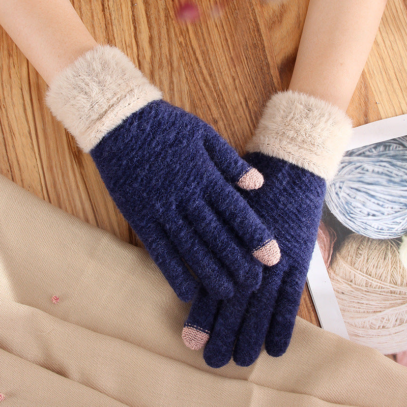 Touch Screen Gloves Female Winter Warm Thickened Knitting Cute Wool Mink-like Velvet Five Finger Gloves