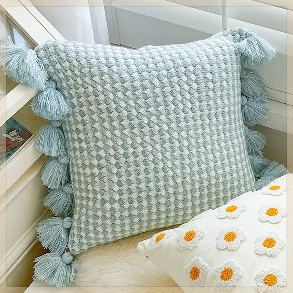 Home Decoration Knitting Cushion Cover Mint Green Tassel Pillowcover Modern Sofa Living Room Waist Pillow Bed Head Round Pillow Ins Style Pillow