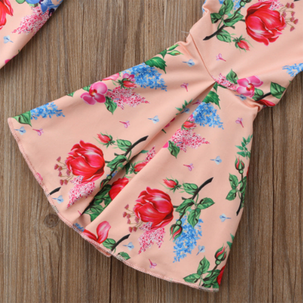 Girls' Cotton Top Printed Flared Trousers Two-Piece Set