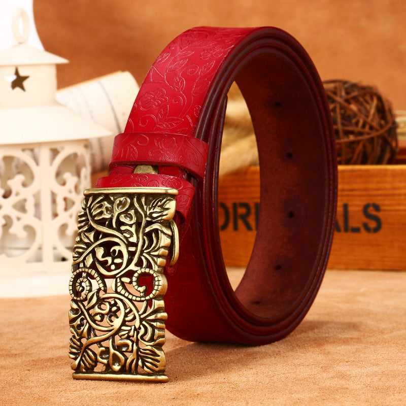 Ladies Leather Engraved With Hollow Buckle Printed Cowhide Belt
