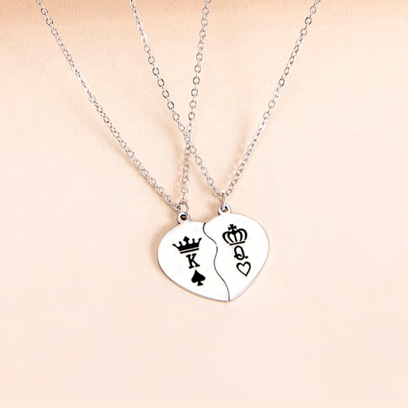 Stainless Steel King Queen Broken Heart Pendant Couple Necklaces