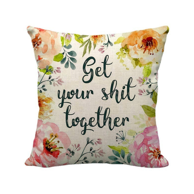 Watercolor Rose And Inspirational Word Linen Home Soft Decoration Sofa Cushion Cover