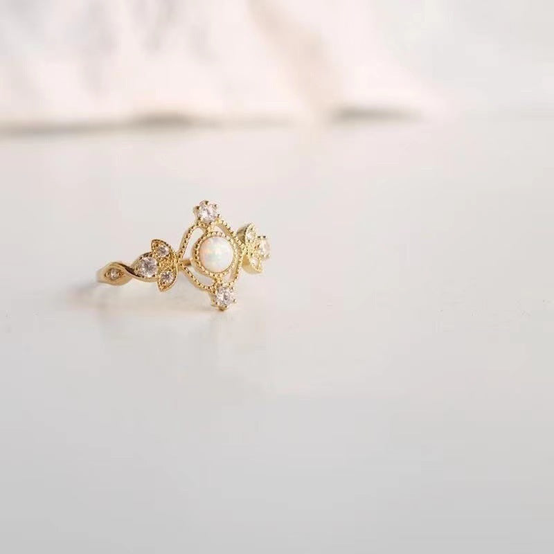 Bague Femme en Pierre Opale Naturelle Incrustée, Placage Cuivre Doré
