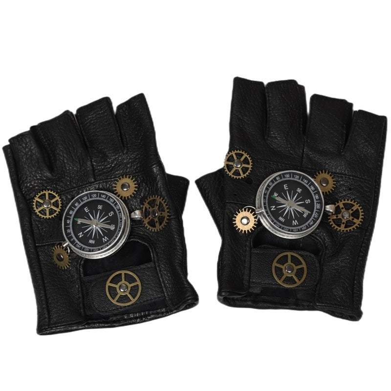 Gants Steampunk Européens Et Américains En Cuir Engrenage Demi-Doigt Boussole Rétro