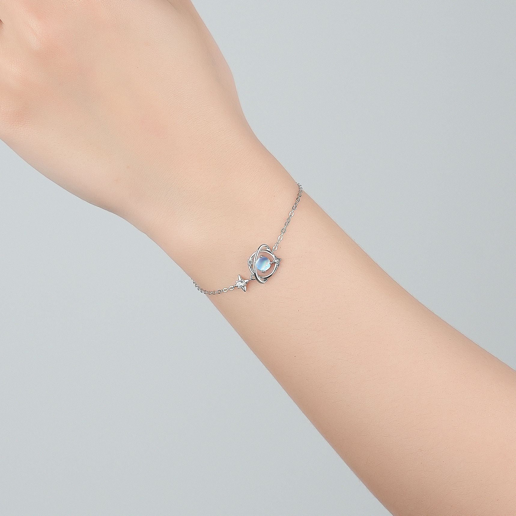 Sterling Silver Moonstone Planet Necklace Female Simple Temperament Asteroid Clavicle Chain