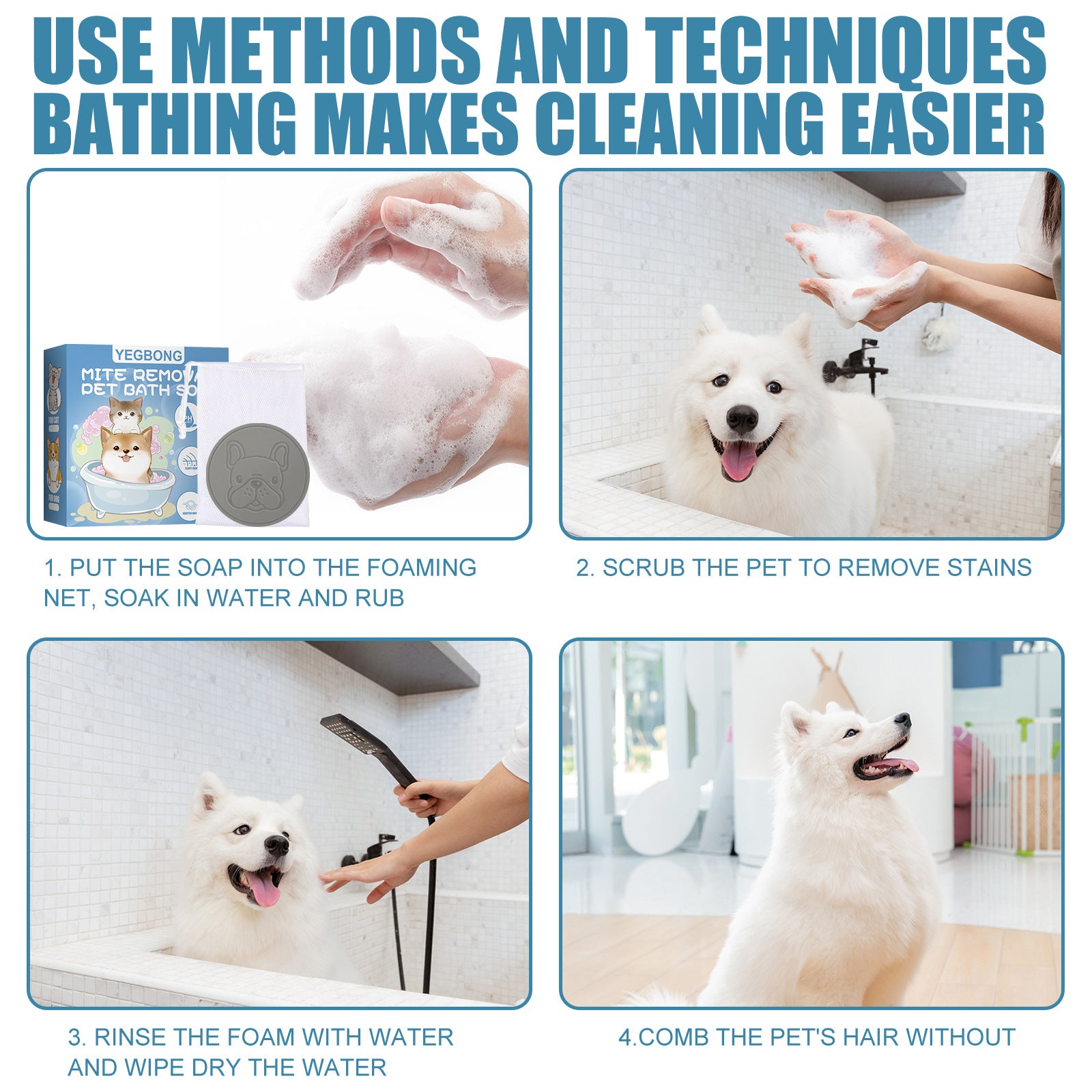 Savon de bain anti-acariens pour animaux de compagnie Stérilisation Chien Chat Déodorant corporel Nettoyage Fournitures de bain