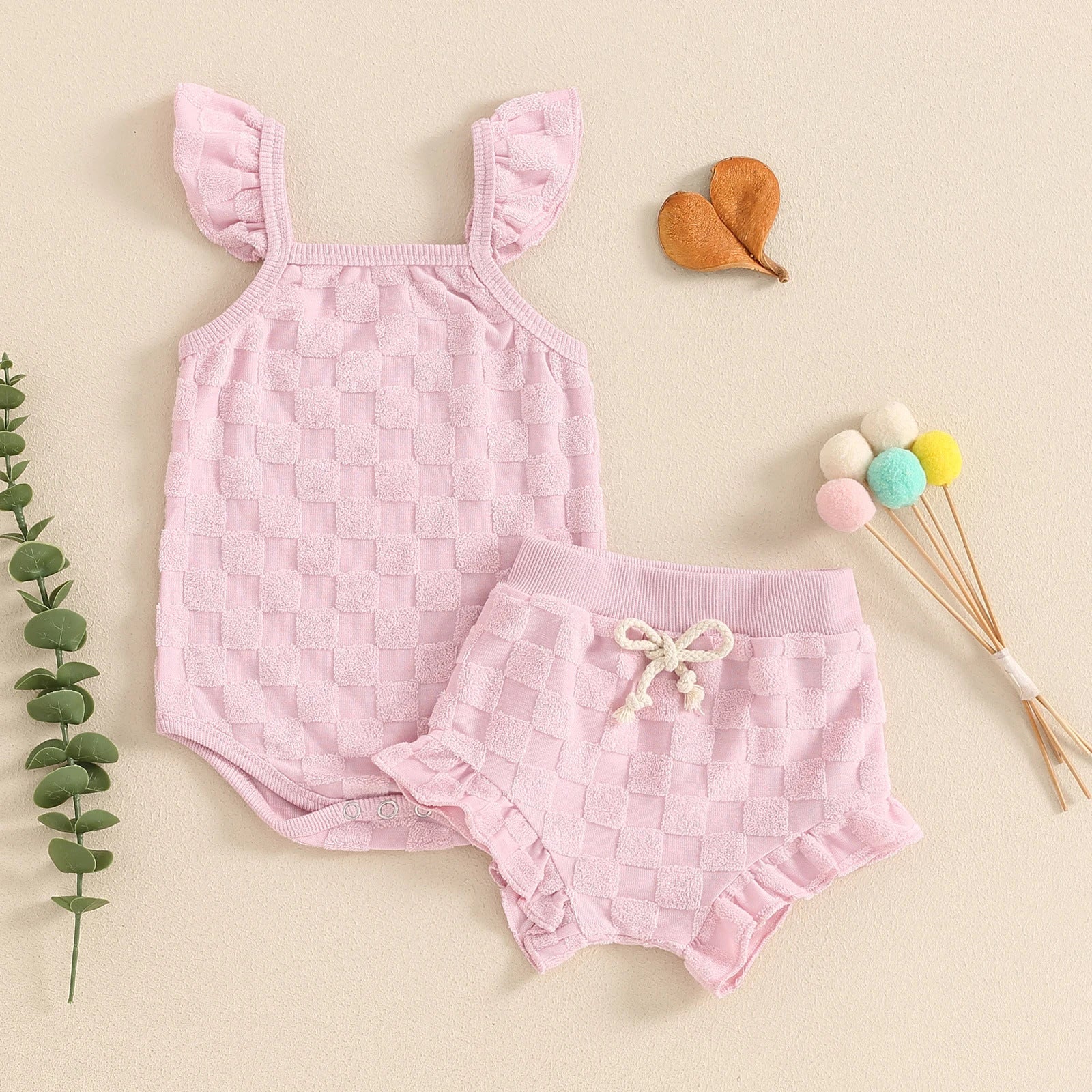 Girls' Solid Color Chessboard Plaid Style Lace Sling Romper Casual Shorts Suit