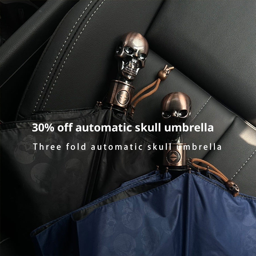 Three-fold Automatic Skull Dual-use Sun-proof UV-proof Wind-resistant Umbrella