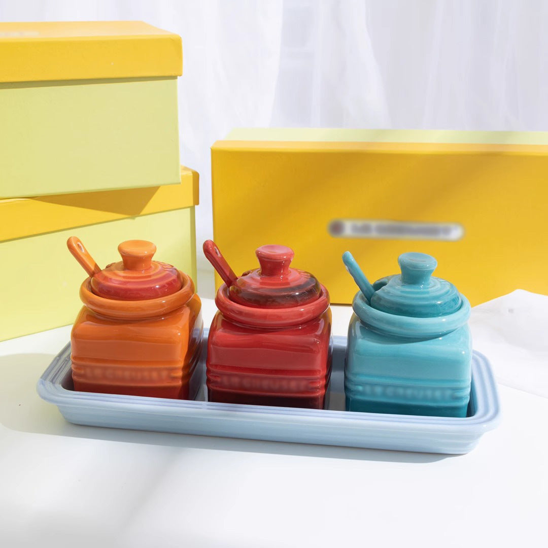 Bocaux à condiments en céramique avec cuillère Boîte cadeau Bouteille à condiment