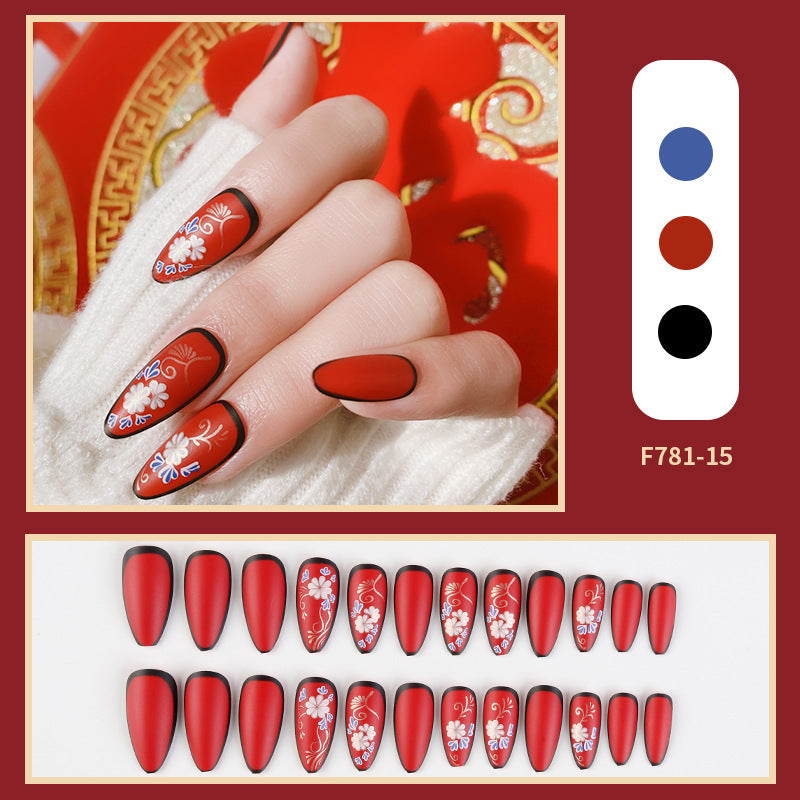 Ongles artificiels autocollants style chinois rouge vif Peinture Manucure