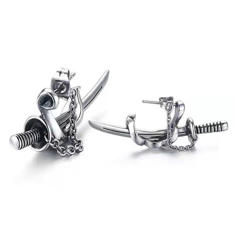 Boucles d'oreilles clous tendance hip-hop punk homme chaîne croix épée