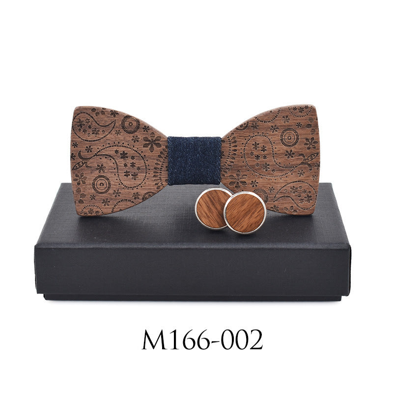 Paisley Carved Party Wood Bow Tie Cufflinks Set