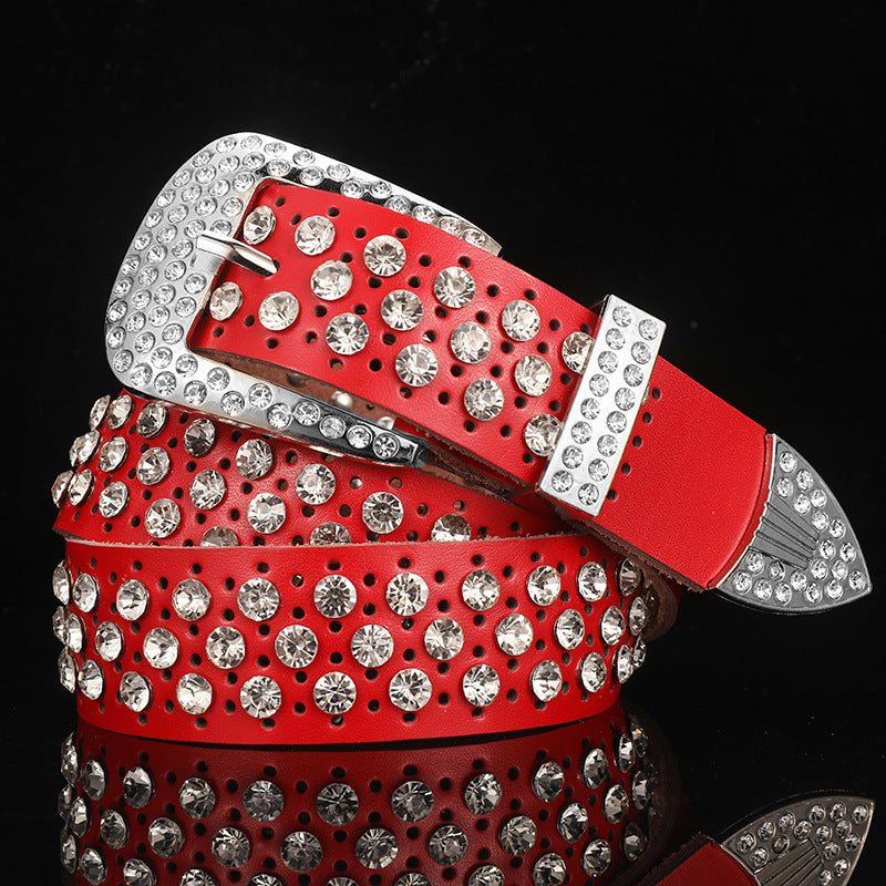 White Women's Leather Belt With Diamonds