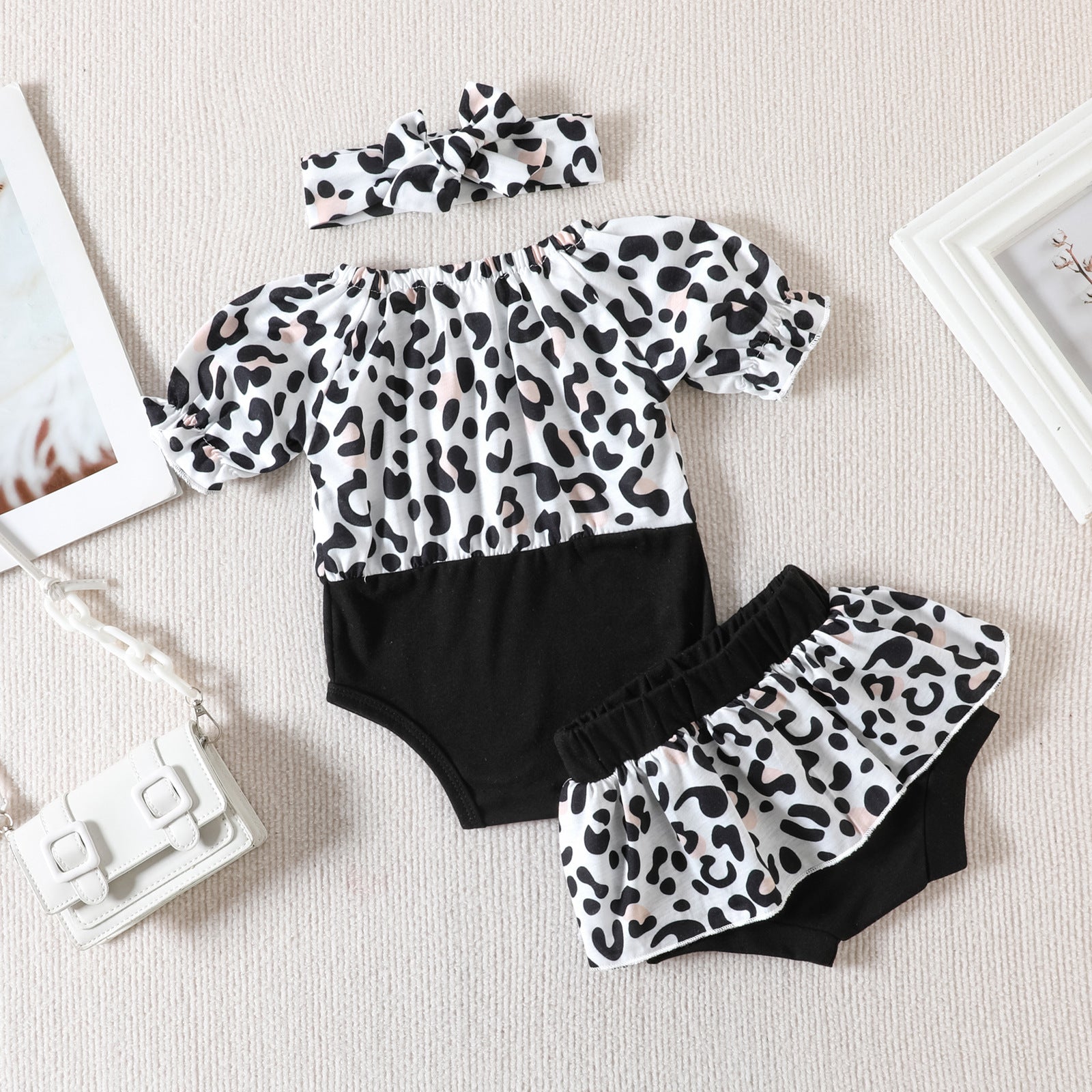 Girls' Leopard Print Color Matching Jumpsuit Dress And Pants Headband