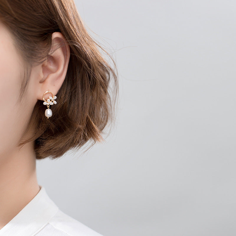 S925 Silver Flower Rice Grain Pearl Earrings Women