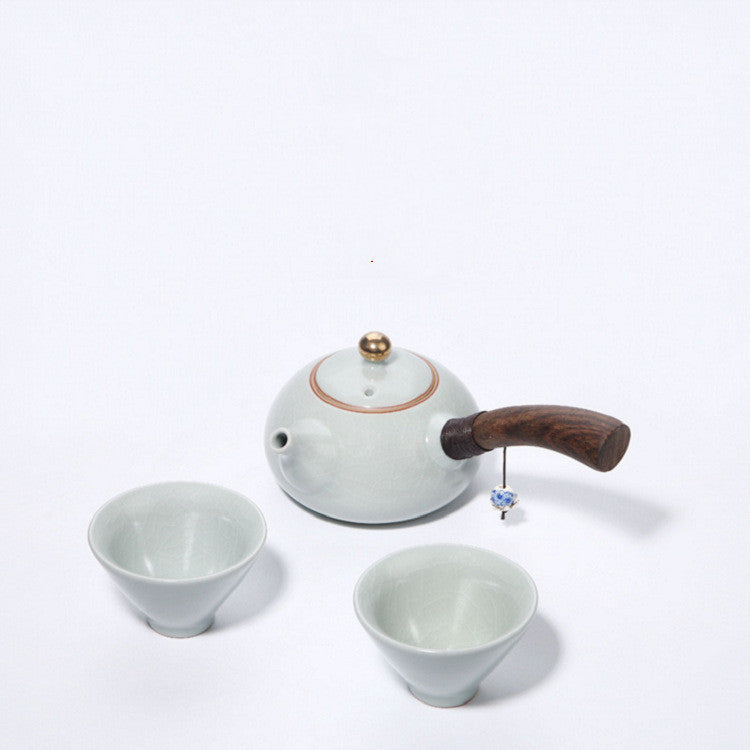 Side Handle Pot Travel Ceramic Tea Maker Vintage Wooden Teapot Kung Fu Set