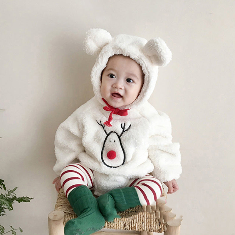 Christmas Hooded Romper Long Sleeve Crawling Suit Jumpsuit Fleece-lined